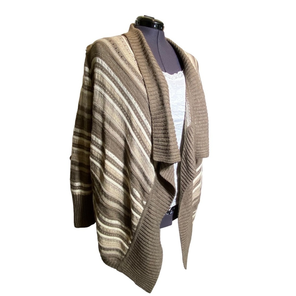 Liz Claiborne L knit cardigan alpaca wool neutral earthy tone striped open front